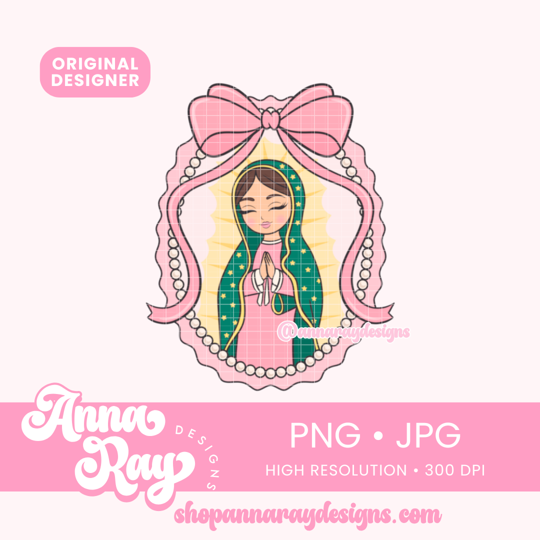 Pink Coquette Virgencita PNG and JPG Digital Files. This Pink Coquette Virgencita Christmas artwork brings a soft, feminine twist to a beloved icon, perfect for adding heartfelt style to your handmade gifts and holiday projects.