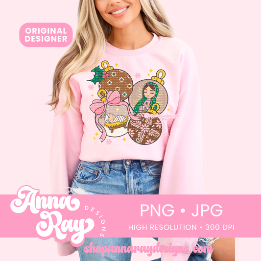 Pink Christmas Clay Ornaments PNG and JPG Digital Files. This Christmas Clay Ornaments design features heartfelt depictions of the Virgin Mary and Baby Jesus, adorned with barro style textures and vibrant Talavera inspired patterns. Perfect for adding cultural warmth to your holiday projects.