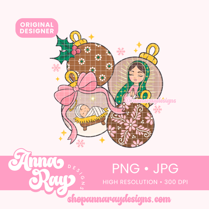 Pink Christmas Clay Ornaments PNG and JPG Digital Files. This Christmas Clay Ornaments design features heartfelt depictions of the Virgin Mary and Baby Jesus, adorned with barro style textures and vibrant Talavera inspired patterns. Perfect for adding cultural warmth to your holiday projects.