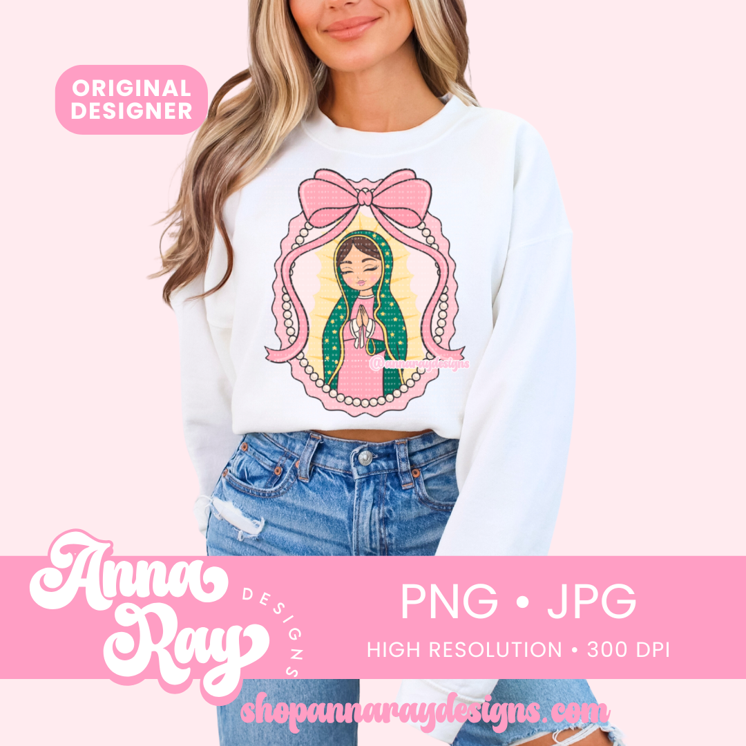 Pink Coquette Virgencita PNG and JPG Digital Files. This Pink Coquette Virgencita Christmas artwork brings a soft, feminine twist to a beloved icon, perfect for adding heartfelt style to your handmade gifts and holiday projects.