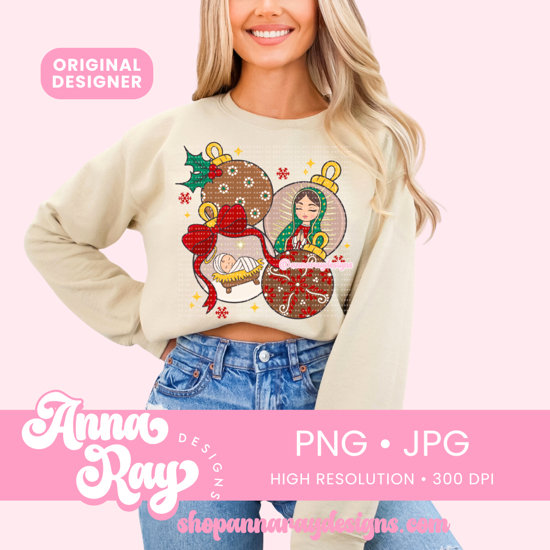Red Christmas Clay Ornaments PNG and JPG Digital Files. This Christmas Clay Ornaments design features heartfelt depictions of the Virgin Mary and Baby Jesus, adorned with barro style textures and vibrant Talavera inspired patterns. Perfect for adding cultural warmth to your holiday projects.