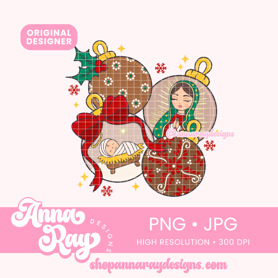 Red Christmas Clay Ornaments PNG and JPG Digital Files. This Christmas Clay Ornaments design features heartfelt depictions of the Virgin Mary and Baby Jesus, adorned with barro style textures and vibrant Talavera inspired patterns. Perfect for adding cultural warmth to your holiday projects.