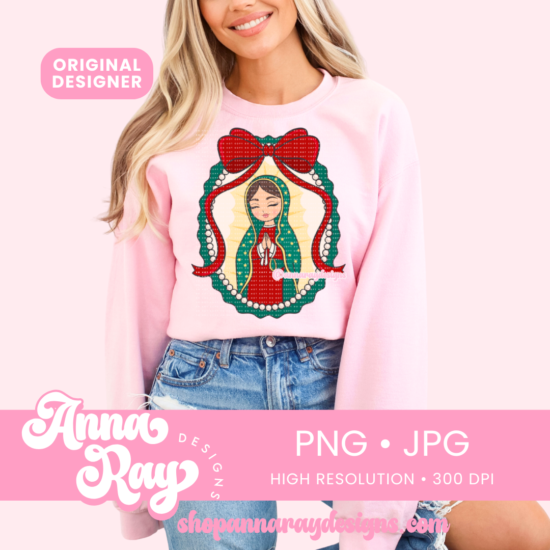 Red Coquette Virgencita PNG and JPG Digital Files. This Red Coquette Virgencita Christmas artwork brings a soft, feminine twist to a beloved icon, perfect for adding heartfelt style to your handmade gifts and holiday projects.